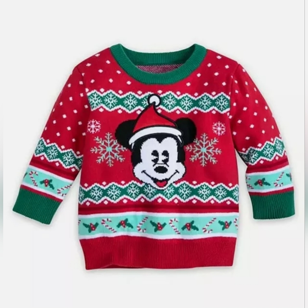 Disney Baby Mickey Mouse Christmas Sweater Red Green Holiday Sz 9-12M - Picture 1 of 5